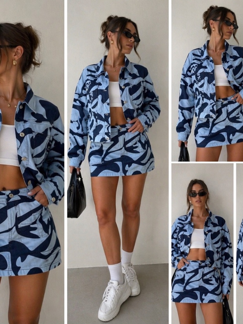 Blue Camouflage Denim Jacket & Skirt Set - Women